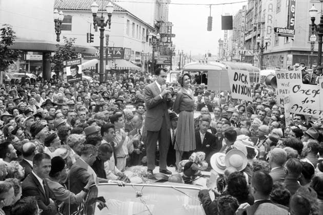 U.S. Vice President Richard M. Nixon with his wife Pat Nixon standing on top of car, surrounded by people, during a presidential campaign trip, Vancouver, Washington, USA, Thomas J. O Halloran, U.S. News & World Report Magazine Photograph Collection, September 14, 1960 U.S. Vice President Richard M. Nixon with his wife Pat Nixon standing on top of car, surrounded by people, during a presidential campaign trip, Vancouver, Washington, USA, Thomas J. O Halloran, U.S. News & World Report Magazine Photograph Collection, September 14, 1960. Copyright: 1010_05_ghi-circa12255