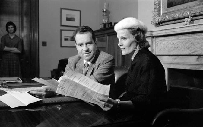 U.S. Vice President Richard Nixon with his wife Pat Nixon looking at documents in his office, Washington, D.C., USA, Warren K. Leffler, U.S. News & World Report Magazine Photograph Collection, October 28, 1958 U.S. Vice President Richard Nixon with his wife Pat Nixon looking at documents in his office, Washington, D.C., USA, Warren K. Leffler, U.S. News & World Report Magazine Photograph Collection, October 28, 1958. Copyright: 1010_05_ghi-circa12264
