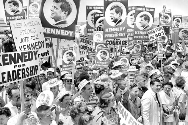 Supporters of U.S. Senator John F. Kennedy with placards at airport during 1960 Democratic Convention, Los Angeles, California, USA, Warren K. Leffler, U.S. News & World Report Magazine Photograph Collection, July 9, 1960 Supporters of U.S. Senator John F. Kennedy with placards at airport during 1960 Democratic Convention, Los Angeles, California, USA, Warren K. Leffler, U.S. News & World Report Magazine Photograph Collection, July 9, 1960. Copyright: 1010_05_ghi-circa12268