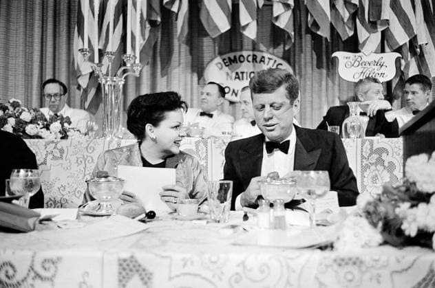 Actress Judy Garland seated next to U.S. Senator John F. Kennedy at dinner, Beverly Hilton Hotel, during Democratic National Convention, Beverly Hills, Los Angeles, California, USA, Warren K. Leffler, U.S. News & World Report Magazine Photograph Collection, July 10, 1960 Actress Judy Garland seated next to U.S. Senator John F. Kennedy at dinner, Beverly Hilton Hotel, during Democratic National Convention, Beverly Hills, Los Angeles, California, USA, Warren K. Leffler, U.S. News & World Report Magazine Photograph Collection, July 10, 1960. Copyright: 1010_05_ghi-circa12269
