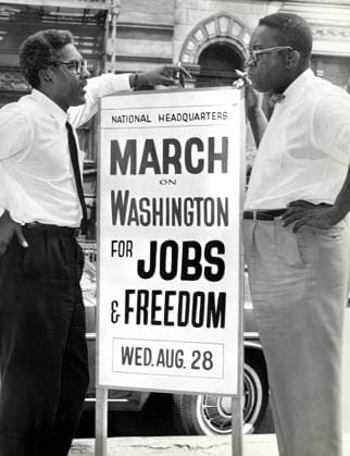 Bayard Rustin, Deputy Director, Council for United Civil Rights Leadership, Cleveland Robinson, Chairman of Administrative Committee, standing with sign announcing March on Washington for Jobs and Freedom, in front of council s headquarters, New York City, New York, USA, Orlando Fernandez, New York World-Telegram and the Sun Newspaper Photograph Collection, August 7, 1963 Bayard Rustin, Deputy Director, Council for United Civil Rights Leadership, Cleveland Robinson, Chairman of Administrative Committee, standing with sign announcing March on Washington for Jobs and Freedom, in front of council s headquarters, New York City, New York, USA, Orlando Fernandez, New York World-Telegram and the Sun Newspaper Photograph Collection, August 7, 1963. Copyright: 1010_05_ghi-circa12290