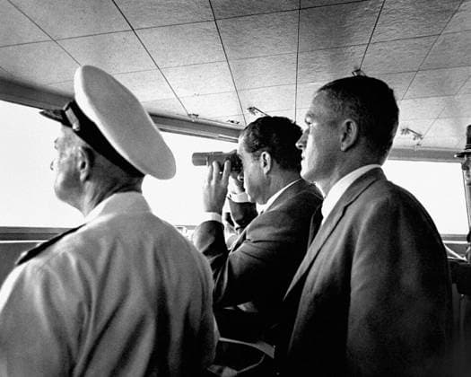 U.S. President Richard M. Nixon aboard U.S.S. Hornet aircraft carrier, used binoculars to watch the Apollo 11 Lunar Mission Recovery of astronauts, Neil A. Armstrong, Edwin E. Aldrin and Michael Collins, approximately 812 nautical miles southwest of Hawaii, NASA, July 24, 1969 U.S. President Richard M. Nixon aboard U.S.S. Hornet aircraft carrier, used binoculars to watch the Apollo 11 Lunar Mission Recovery of astronauts, Neil A. Armstrong, Edwin E. Aldrin and Michael Collins, approximately 812 nautical miles southwest of Hawaii, NASA, July 24, 1969. Copyright: 1010_05_ghi-circa12408
