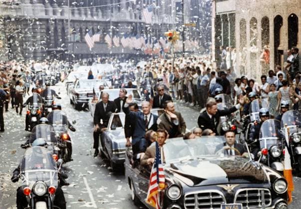 Ticker tape parade for Apollo 11 crewmen, from right in lead car are astronauts Neil A. Armstrong, commander; Michael Collins, command module pilot; and Edwin E. Aldrin Jr., lunar module pilot, Broadway, New York City, New York, USA, NASA, August 13, 1969 Ticker tape parade for Apollo 11 crewmen, from right in lead car are astronauts Neil A. Armstrong, commander; Michael Collins, command module pilot; and Edwin E. Aldrin Jr., lunar module pilot, Broadway, New York City, New York, USA, NASA, August 13, 1969. Copyright: 1010_05_ghi-circa12453