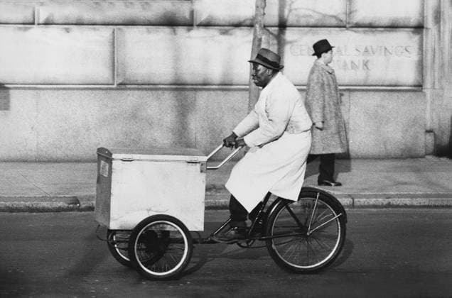 Man riding a food cart tricyle, New York City, New York, USA, Angelo Rizzuto, Anthony Angel Collection, December 1953 Man riding a food cart tricyle, New York City, New York, USA, Angelo Rizzuto, Anthony Angel Collection, December 1953. Copyright: 1010_16_ghi-circa12322