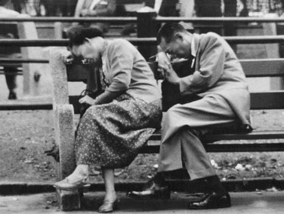 Woman and man napping on park bench, New York City, New York, USA, Angelo Rizzuto, Anthony Angel Collection, August 1957 Woman and man napping on park bench, New York City, New York, USA, Angelo Rizzuto, Anthony Angel Collection, August 1957. Copyright: 1010_16_ghi-circa12349