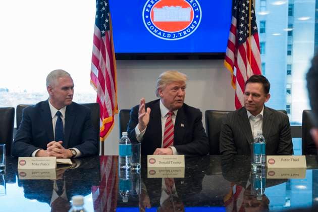 US President-elect Trump meets with technology CEOs United States President-elect Donald Trump is seen at a meeting of technology leaders in the Trump Organization conference room at Trump Tower in New York, NY, USA on December 14, 2016. Credit: Albin Lohr-Jones Pool via CNP New York New York United States of America EDITORIAL USE ONLY Copyright: xx _D4D3854 AlbinxLohr-Jonesx cnpphotos064654