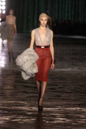 PFW - Saint Laurent Runway A model walks the runway ring the Saint Laurent Womenswear Fall Winter 2024-2025 show as part of Paris Fashion Week on February 27, 2024 in Paris, France. Photo by Jerome DominÃ ABACAPRESS.COM  Copyright: xDominexJerome ABACAx