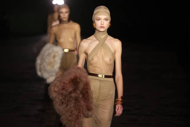 PFW - Saint Laurent Runway A model walks the runway ring the Saint Laurent Womenswear Fall Winter 2024-2025 show as part of Paris Fashion Week on February 27, 2024 in Paris, France. Photo by Jerome DominÃ ABACAPRESS.COM  Copyright: xDominexJerome ABACAx