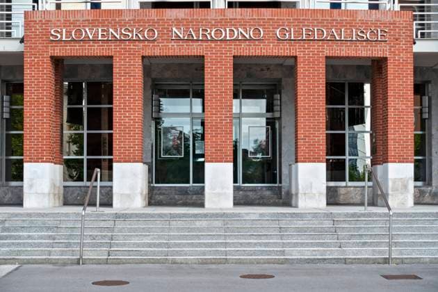 Slovenian National Theatre, Slovensko Narodno Gledalisce SNG. Nova Gorica Slovenia, Europe, European Union, EU. Entrance close-up Slovenian National Theatre, Slovensko Narodno Gledalisce SNG. Nova Gorica Slovenia, Europe, European Union, EU. Entrance close-up. Copyright: Â¬ xGlenxSterling 4052_14_gd0812u2309ie7