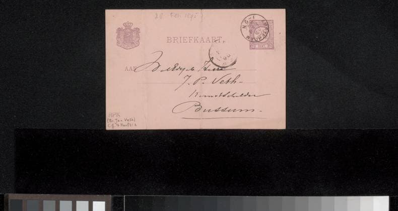 RECORD DATE NOT STATED Postcard to Jan Veth, Cornelis Gerardus t Hooft, in or before 1895 Amsterdam cardboard. ink writing (processes) pen Dresden. Berlin Copyright: xpiemagsx rknbpie221223-42911 !ACHTUNG AUFNAHMEDATUM GESCHÄTZT!