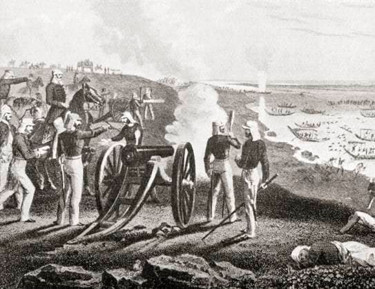 RECORD DATE NOT STATED Vincent Eyre at the Siege of Arrah during the Indian Rebellion of 1857, seen here driving the mutineers into the Ganges. Major-General Sir Vincent Eyre, 1811Ã¢â‚¬1881. Bengal artillery officer in the Indian Army. From Hutchinson s History of the Nations, published 1915. Copyright: DesignxPicsx xKenxWelsh 902_05_12333169HighRes