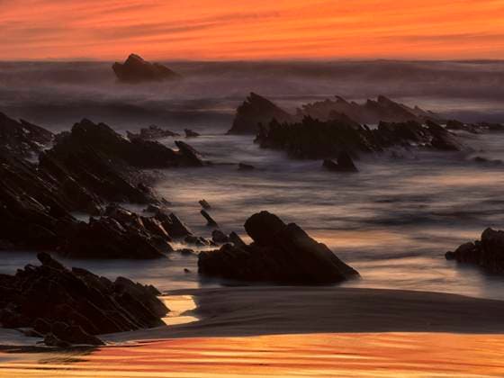 Portugal, Alentejo, Cavaleiro beach at foggy dusk, DSGF02448