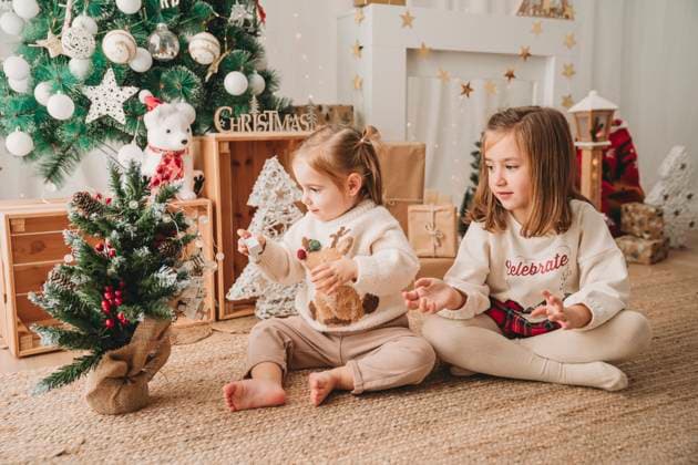 Girls playing and decorating small Christmas tree at home model released, Symbolfoto property released, EBBF08330