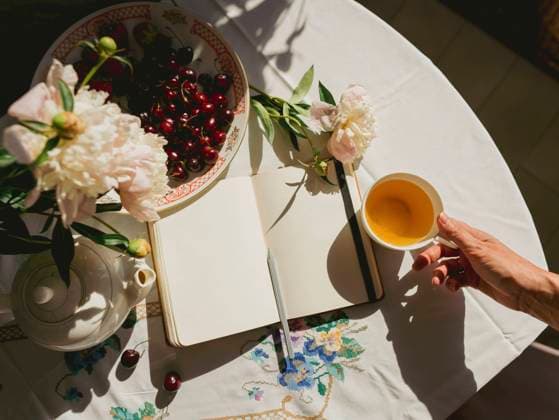 Creative Highlights Symbolbilder Hand of woman holding teacup near diary on table at home model released, Symbolfoto, IEF00530