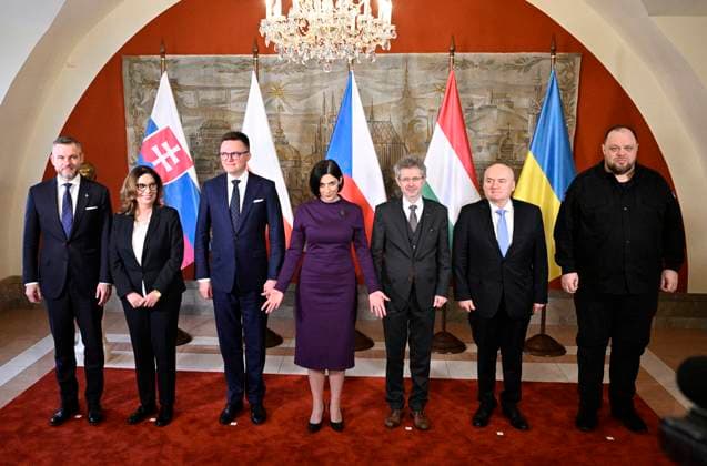 News Themen der Woche KW09 (L-R) Slovak National Council chairman Peter Pellegrini, Polish Senate chairwoman Malgorzata Kidawa-Blonska, Marshal of the Polish Sejm Szymon Holownia, Czech Chamber of Deputies chairwoman Marketa Pekarova Adamova, Czech Senate chairman Milos Vystrcil, Hungarian National Assembly deputy chairman Csaba Hende and Ukrainian Verkhovna Rada chairman Ruslan Stefanchuk, after the meeting of parliamentary heads from Visegrad Four (Czech Republic, Slovakia, Poland and Hungary) as well as Ukraine in Prague, Czech Republic, February 29, 2024. (CTKxPhoto MichalxKrumphanzl) CTKPhotoP2024022903907  CTKPhotoP2024022903907