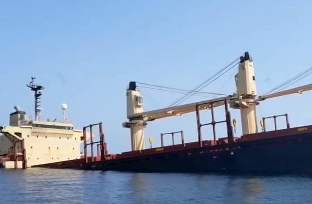 (240303) -- ADEN, March 3, 2024 -- This undated photo provided by Yemeni government shows the British cargo ship Rubymar, which was attacked by the Houthi group on Feb. 18, 2024, anchoring near the coast of Yemen. Yemen s internationally recognized government announced on Saturday the cargo ship Rubymar sank off the coast of Yemen Friday night amid stormy weather conditions. The British-owned, Belize-flagged ship carries thousands of tons of fertilizer and oil. The government expressed regret over the sinking, warning against a possible major environmental disaster in Yemen s territorial waters. YEMEN-BRITISH CARGO SHIP-SINKING WangxShang 