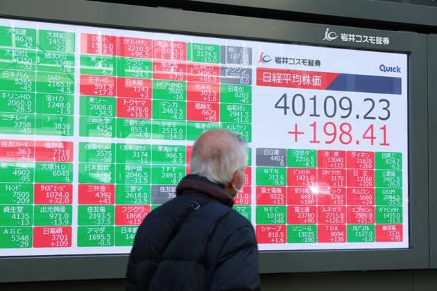 News Themen der Woche KW10 News Bilder des Tages A picture shows the closing price of Japan s Nikkei share average displayed on a signboard in Tokyo, Japan on March 4, 2024. The Nikkei share average rose above 40,000 on Monday for the first time ever.  , aflo_246139707.jpg,