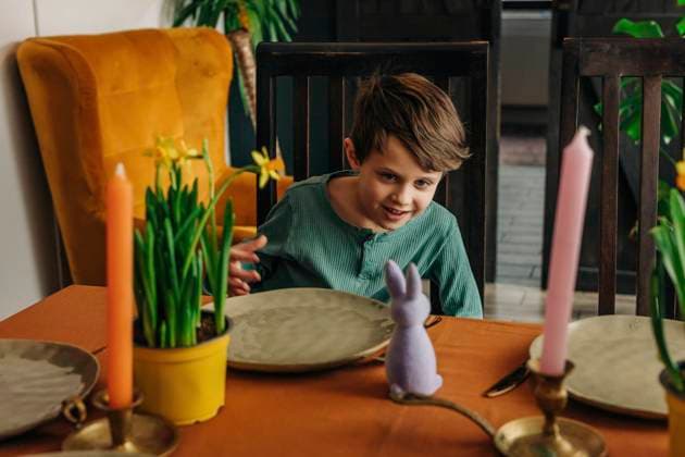Smiling boy looking at Easter bunny at dining table in home model released, Symbolfoto, VSNF01644