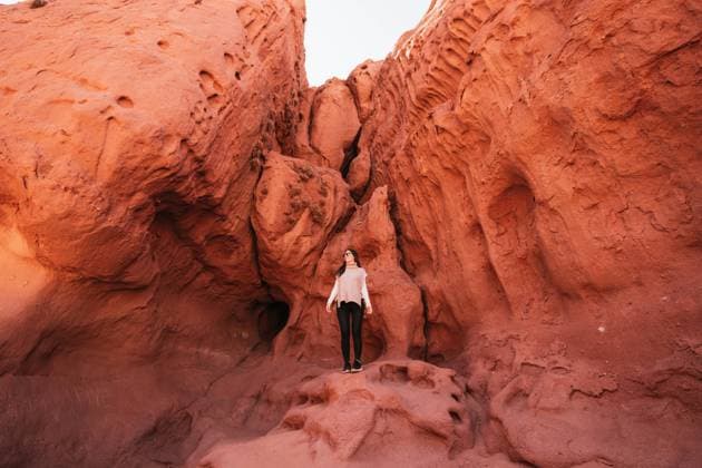 Creative Highlights Symbolbilder MR_ID19486_16445_CandelaSolRodriguezKotsatos.jpg A traveler stands amidst the vibrant red rock formations of Los Colorados in northern Argentina, showcasing the natural beauty of this desert landscape. Model Released RubenSoto_ID19486_576281_003 Copyright: xRubenxSotox RECORD DATE NOT STATED