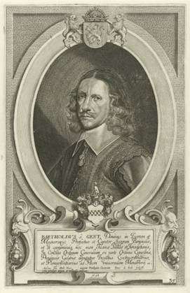 RECORD DATE NOT STATED Portrait of Barthold van Gent, Count van Loenen and Meynerswijck, Pieter de Jode (II), After Anselm van Hulle, 1648 print BostePortret of Barthold van Gent, Count van Loenen and Meynerswijck. Bottom right: 35. The portrait is caught in an oval frame with the coat of arms of the portrayed person. In the cartouche a six -line caption in Latin. Print from a series of portraits to paintings by Anselmus van Hulle of all delegates at the peace negotiations in Münster and Osnabrück. Antwerp paper etching engraving Copyright: xpiemagsx rknbpie02022024-20379 !ACHTUNG AUFNAHMEDATUM GESCHÄTZT!