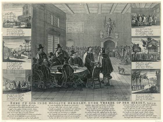 RECORD DATE NOT STATED The presentation of the ratification of the Peace of Munster, 1648, Anonymous, 1648 print Leaf with different performances of the events around the closing of the peace of Munster. Central the exchange of the ratification in the Friedensal of the town hall of Munster between the Staatse and Spanish delegates Antoine Brun and the count of Penaranda. On the left the State delegates sitting around a table. At the bottom right of the names of the negotiators. For the central performance there are six smaller scenes of earlier and later moments: the arrival of the delegates, the peace negotiations, the announcement of peace and the Salvo shooting in Munster. Each performance is accompanied by a verse of 4 lines. At the bottom 4 verses of 8 line Copyright: xpiemagsx rknbpie02022024-27172 !ACHTUNG AUFNAHMEDATUM GESCHÄTZT!