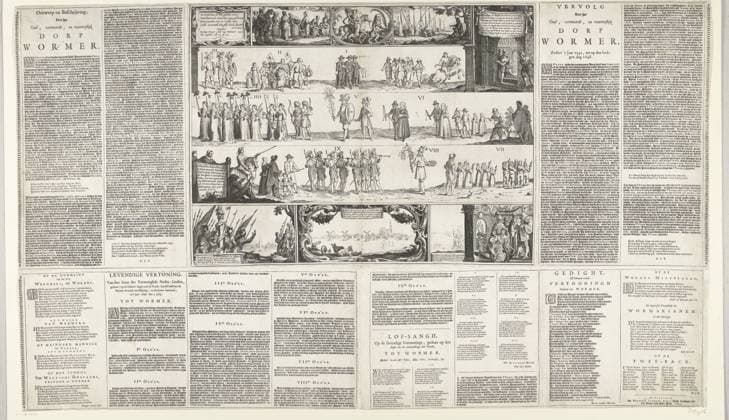RECORD DATE NOT STATED Festive parade in Wormer, in honor of the Peace of Munster, 1648, Anonymous, 1649 print Leaf with a representation of the parade held in the village of Wormer on July 5, 1648 on the occasion of the conclusion of the peace of Munster. The parade is presented in three rows. Hereby also some other records of scenes from the history of Wormer and a face on the village. Blades are stuck on either side and at the bottom with the description of the events, an overview of the history of Wormer and various verses in honor of the village and its inhabitants. print maker: Northern Netherlandspublisher: Zaandam paper etching engraving letterpress printing festivities on events of national importance Warmer Copyright: xpiemagsx rknbpie02022024-27187 !ACHTUNG AUFNAHMEDATUM GESCHÄTZT!