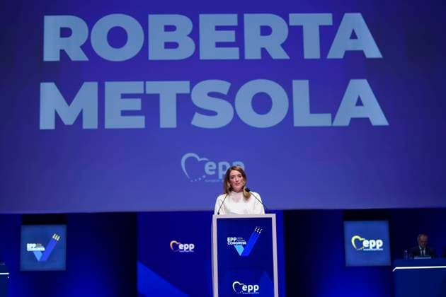 Romania EPP Congres Roberta Metsola President of the European Parliament speaks at the EPP Congress in Bucharest, Romania, Thursday, March 7, 2024. Alex Nicodim Imago Images Copyright: xAlexxNicodimx