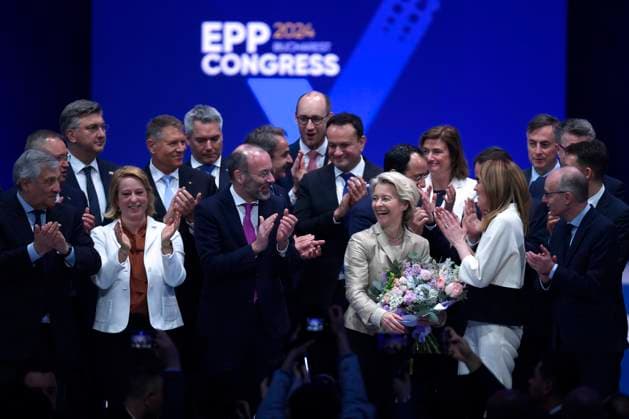 Bilder des Jahres 2024, News 03 März News Themen der Woche KW10 News Bilder des Tages Romania EPP Congres European Commission President Ursula von der Leyen, the EPP candidate for the same position, reacts after winning the ballot at the European People s Party Congress in Bucharest, Romania, Thursday, March 7, 2024. Alex Nicodim Imago Images Copyright: xAlexxNicodimx