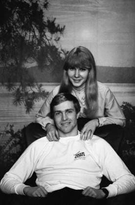 February 1-24, 1984. Moscow, USSR. Four-time world champion, three-time Olympic champion, Soviet swimmer Vladimir Salnikov and his wife Marina pose for a photo in their flat. The exact date of the photograph is unknown. Igor Utkin TASS  17258089