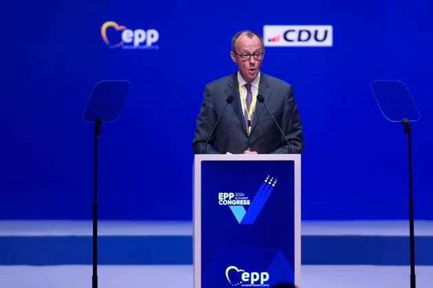 Bukarest, EVP Kongress Romania EPP Congres Germany CDU leader party Friedrich Merz addresses the EPP Congress in Bucharest, Romania, Thursday, March 7, 2024. Alex Nicodim Imago Images Copyright: xAlexxNicodimx