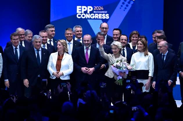 Romania EPP Congres European Commission President Ursula von der Leyen (C), the EPP candidate for the same position, reacts after winning the ballot at the European People s Party Congress in Bucharest, Romania, 07 March 2024. Alex Nicodim Imago Images Copyright: xAlexxNicodimx