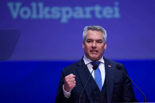 Romania EPP Congres Austria Chancellor Karl Nehammer addresses the European People s Party Congress, Thursday, March 07, 2022 in Bucharest, Romania. Alex Nicodim Imago Images Copyright: xAlexxNicodimx