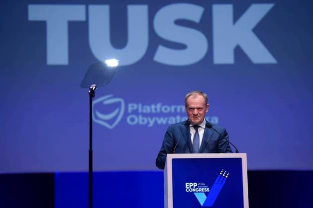 Romania EPP Congres Poland Prime Minister Donald Tusk speaks at the European People s Party Congress, Thursday, March 07, 2022 in Bucharest, Romania. Alex Nicodim Imago Images Copyright: xAlexxNicodimx