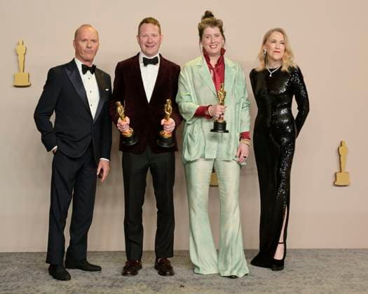 March 10, 2024, Hollywood, California, U.S.: James Price, Michael Keaton, Shona Heath and Catherine O Hara in the Press Room during the 96th Academy Awards, presented by the Academy of Motion Picture Arts and Sciences (AMPAS), at the Dolby Theatre in Hollywood. Hollywood U.S. - ZUMAb173 20240310_aap_b173_092 Copyright: xBillyxBennightx