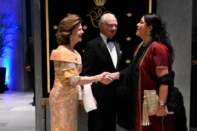 Swedish Royals Visit Mexico - Day 1 March 12, 2024, Mexico City, Mexico: Mexico s Culture Minister, Alejandra Frausto gives the welcoming to Swedish Queen Silvia and Swedish King Carl XVI Gustaf during a banquet on the first day of the Swedish State visit to Mexico at the National Palace. on March 12, 2024 in Mexico City, Mexico. (Photo by Carlos Tischler Eyepix Group ABACAPRESS.COM) Mexico City Mexico  Copyright: xTischlerxCarlos Eyepix ABACAx