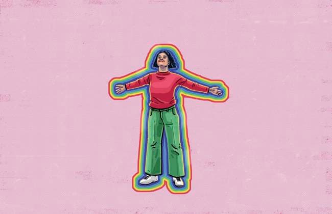 Frauen in Regenbogenfarben mit vor Freude ausgestreckten Armen *** Women in rainbow colors with arms outstretched in joy  Copyright: xEvaxBeex 12270158