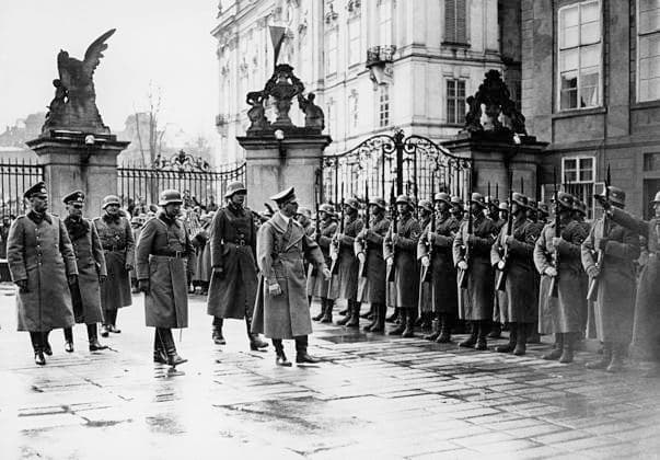 85th anniversary of the German occupation of the Czech state. German leader Adolf Hitler (centre) established the protectorate of Bohemia and Moravia on 16th March 1939. ***FILE PHOTO***Adolf Hitler, right, is welcomed at the Prague Castle, Czechoslovakia, March 16, 1939. (CTKxPhoto) CTKPhotoFO00076466  CTKPhotoFO00076466