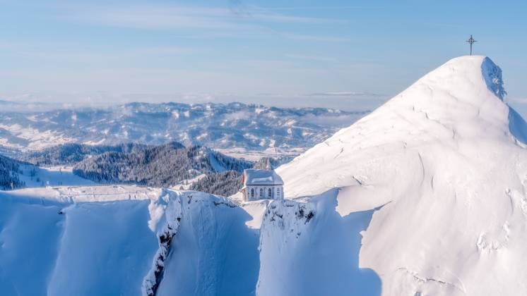 Church and cross on the descent from Mount Pilatus, Lake Lucerne, Switzerland, Europe Copyright: KarenxDeakin 1216-732