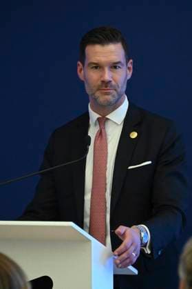 Swedish Royals Visit Mexico - Day 2 March 13, 2024, Mexico City, Mexico: Swedish Minister for International Development Cooperation and Foreign Trade Johan Forssell speaks during the opening of the new engineering center of the telecommunications Swedish company Ericsson on the second day of the Swedish State visit to Mexico. on March 13, 2024 in Mexico City, Mexico. (Photo by Carlos Tischler Eyepix Group ABACAPRESS.COM) Mexico City Mexico  Copyright: xTischlerxCarlos Eyepix ABACAx