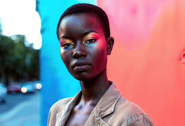 Creative Highlights Symbolbilder A woman stands confidently in front of a vibrant, multicolored wall, showcasing individuality and self-expression. Model Released AdalbertoRodriguez_ID20352_602446_007 Copyright: xAdalbertoxRodriguezx RECORD DATE NOT STATED