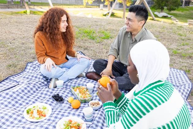 A diverse group of friends gathers for a picnic on a checkered blanket in the park, sharing smiles, food, and conversation. Model Released DavidMunoz_ID19905_590100_013 Copyright: xDavidxMunozx