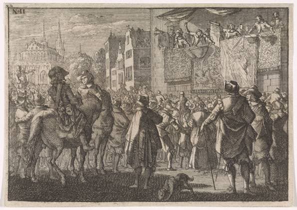 RECORD DATE NOT STATED Proclamation of the peace of Osnabrück in a city, 1648, Caspar Luyken (attributed to), 1701 print Frankfurt am Main paper etching proclamation of peace. city-view in general; veduta Copyright: xpiemagsx rknbpie14012024-30465 !ACHTUNG AUFNAHMEDATUM GESCHÄTZT!