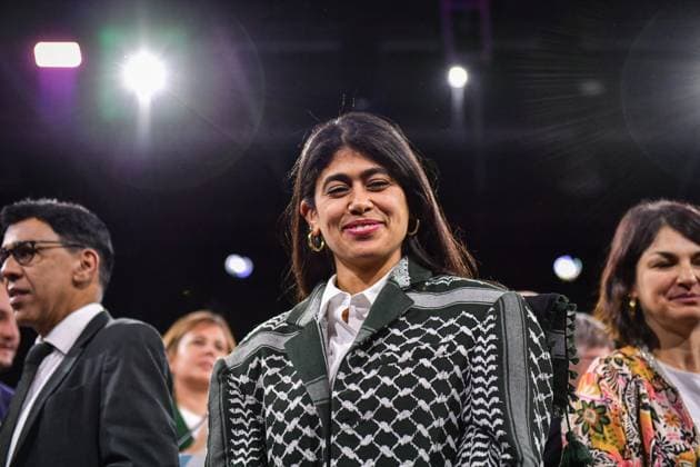 LFI Launches EU Election Campaign - Villepinte French-Palestinian founder of the Refugees Camps Observatory, Rima Hassan looks on during the French leftist political party La France Insoumise convention to launch their campaign for the European elections, at the Parc des expositions in Villepinte, north of Paris, France on March 16, 2024. Photo by Firas Abdullah ABACAPRESS.COM Villepinte Ile-de-France France  Copyright: xAbdullahxFiras ABACAx