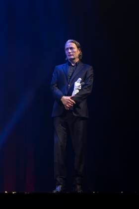 Actor Mads Mikkelsen wins a Bodil for best male lead in the film The Promised Land(Bastarden). Bodil Award 2024 at the Folketeatret in Copenhagen on Saturday, March 16, 2024.. (Photo: Claus Bech Ritzau Scanpix) , Copenhagen Denmark