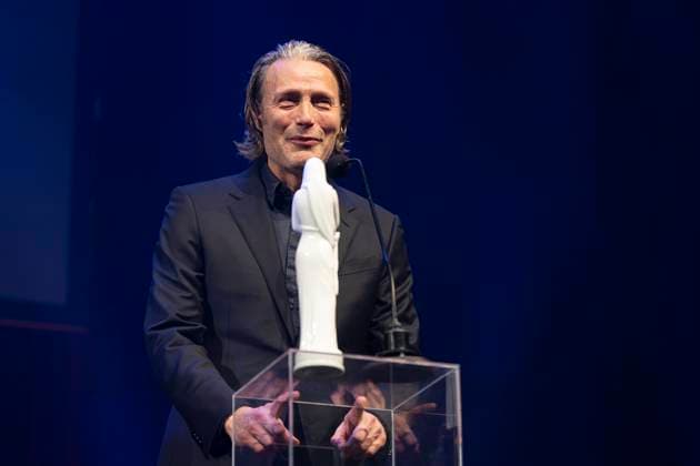 Actor Mads Mikkelsen wins a Bodil for best male lead in the film The Promised Land(Bastarden). Bodil Award 2024 at the Folketeatret in Copenhagen on Saturday, March 16, 2024.. (Photo: Claus Bech Ritzau Scanpix) , Copenhagen Denmark