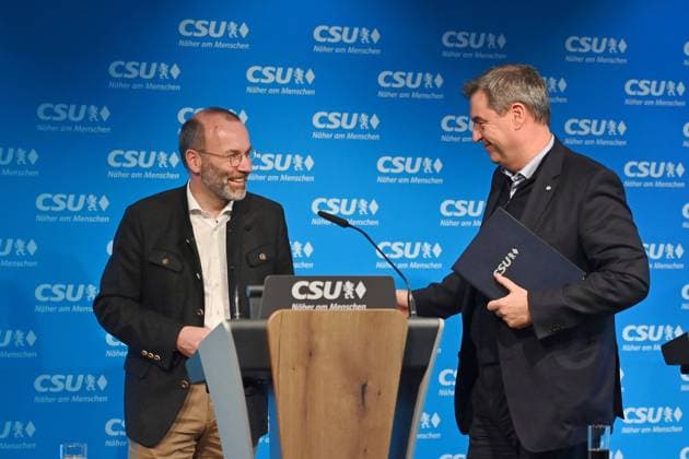 v.li:Manfred WEBER,.Markus SOEDER (Ministerpraesident Bayern und CSU Vorsitzender), Pressekonferenz nach Vorstandssitzung des CSU Praesidiums in der CSU Landesleitung in Muenchen am 18.03.2024. *** From left Manfred WEBER, Markus SOEDER State Premier of Bavaria and CSU Chairman, press conference after the CSU Executive Committee meeting at the CSU state headquarters in Munich on 18 March 2024