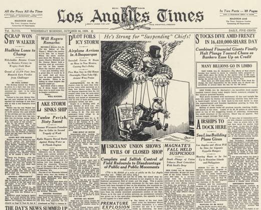 WALL STREET CRASH, 1929. Front page of the Los Angeles Times, 30 October 1929, reporting on the Wall Street Crash.  Copyright: xGRANGERx xGRANGERx 0001721