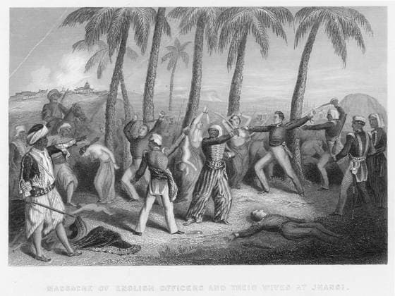 INDIA: SEPOY REBELLION, 1857. Massacre of English officers and their wives at Jhansi. Steel engraving, English, 1859.  Copyright: xGRANGERx xGRANGERx 0003250