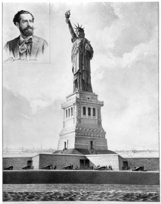 STATUE OF LIBERTY, 1886. The Statue of Liberty in New York Harbor, with a portrait of the sculptor, Frederick Bartholdi. Lithograph, 1886.  Copyright: xGRANGERx xGRANGERx 0003611