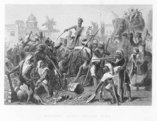 INDIA: SEPOY REBELLION, 1857. Mutinous Sepoys dividing spoil. Steel engraving, English, 1859.  Copyright: xGRANGERx xGRANGERx 0004429